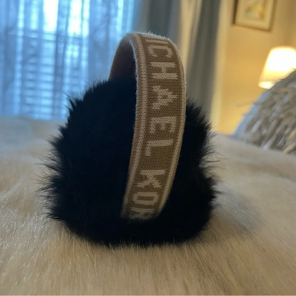 MICHAEL KORS (not outlet!) Black Fur Earmuffs Logo Tan Lettering on Headband